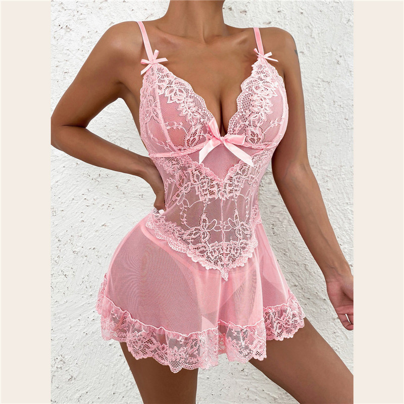 Sheer Mesh Bra - فستان نوم نسائي مثير من الدانتيل،